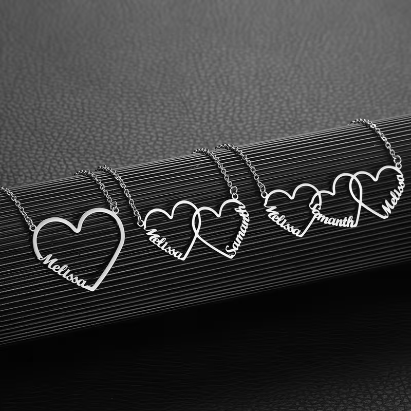 Engraved Name Necklace - Custom Interlocking Heart Name Necklace Personalized