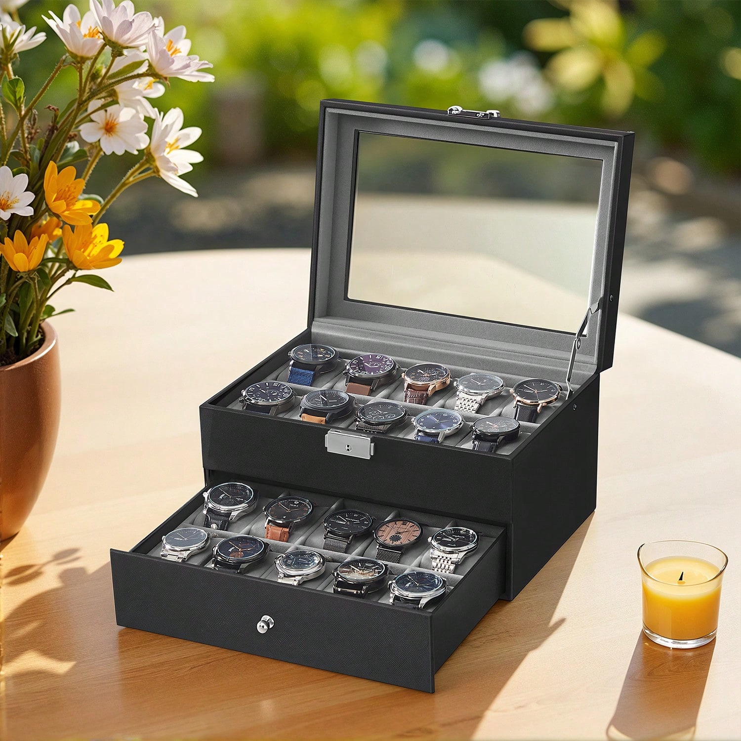 Jewelry And Watches Box - 20-Slot Watch Box with Glass Lid