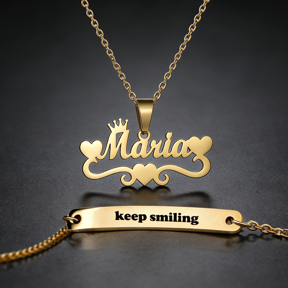 Engraved Name Necklace - Personalized Custom Name Heart Necklace Bracelet